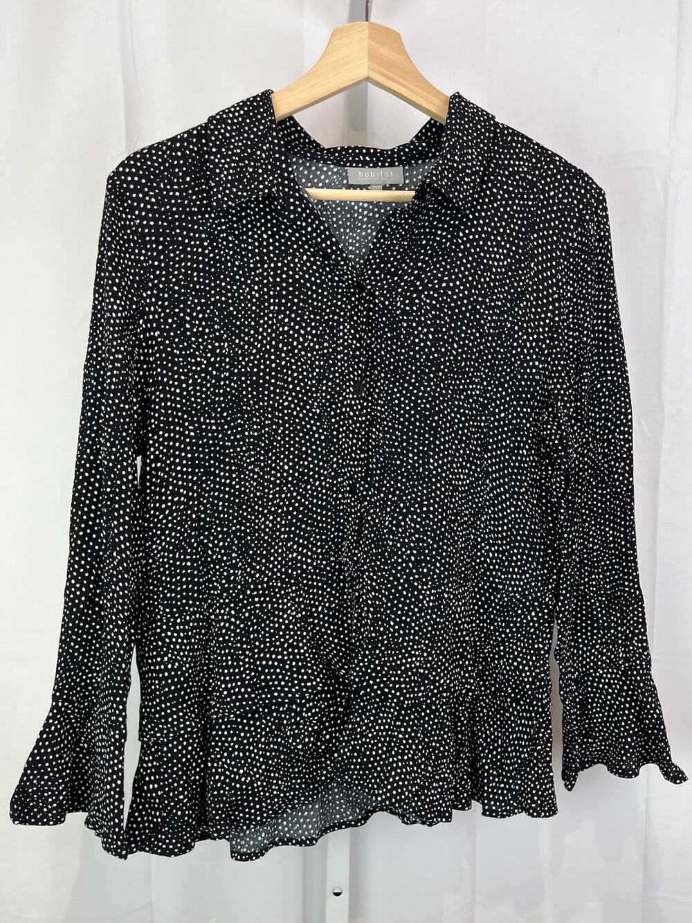 HABITAT Size S Polka Dot Button Up Long Sleeve Top Tiered Ruffle Hem Black White
